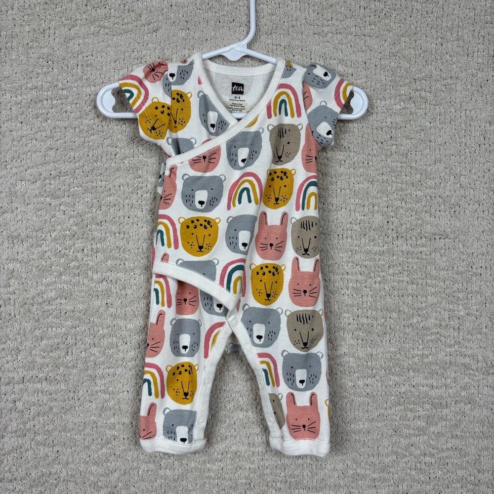 Tea Collection Romper Infant 0-3M White Animal Print Snap Wrap Bodysuit Cotton